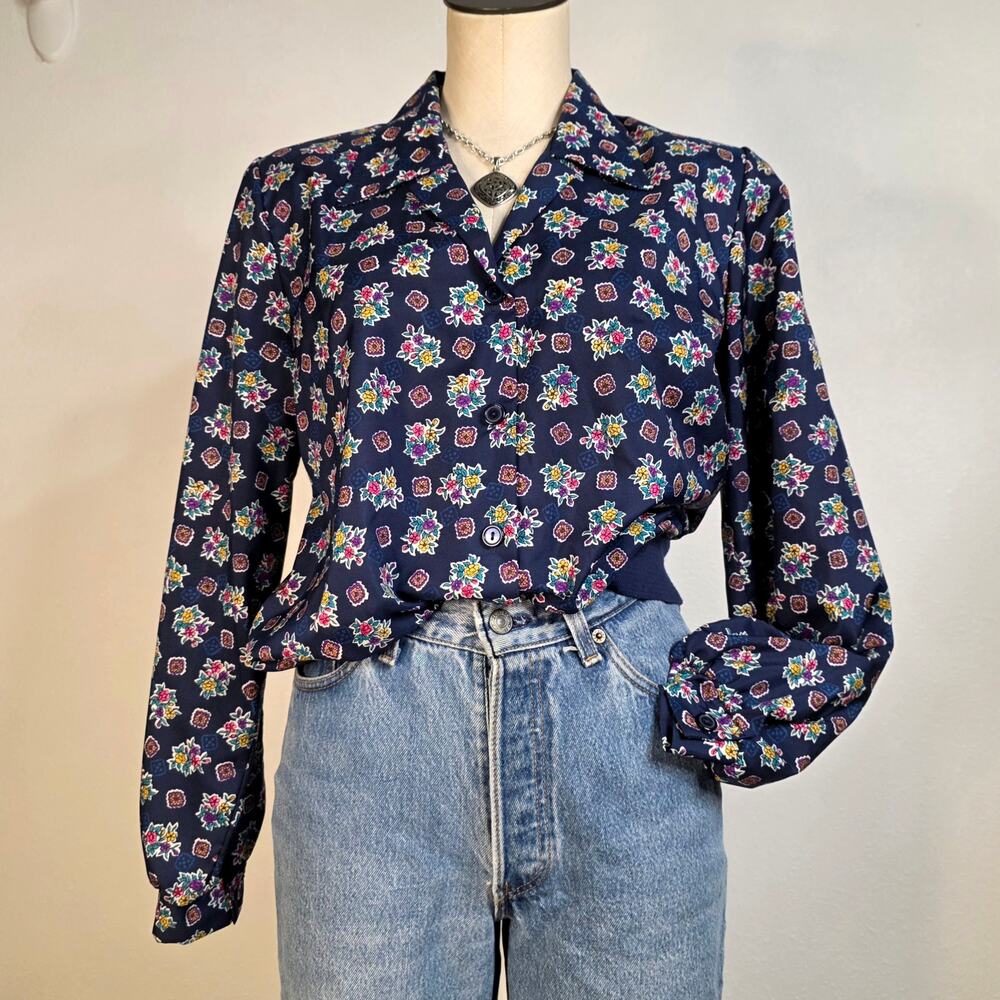 Vintage 80s Navy Floral Blouse Cottagecore Secretary Chic Button Front Medium
